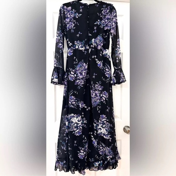ASOS Black Ruffle Trim Purple Floral Double Front Slit Maxi Dress sz 4 - Picture 5 of 11